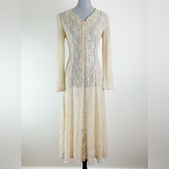 Vintage Sheer Lace Cream Long Sleeve Tie Back 70s 90s Dress - Picture 1 of 11
